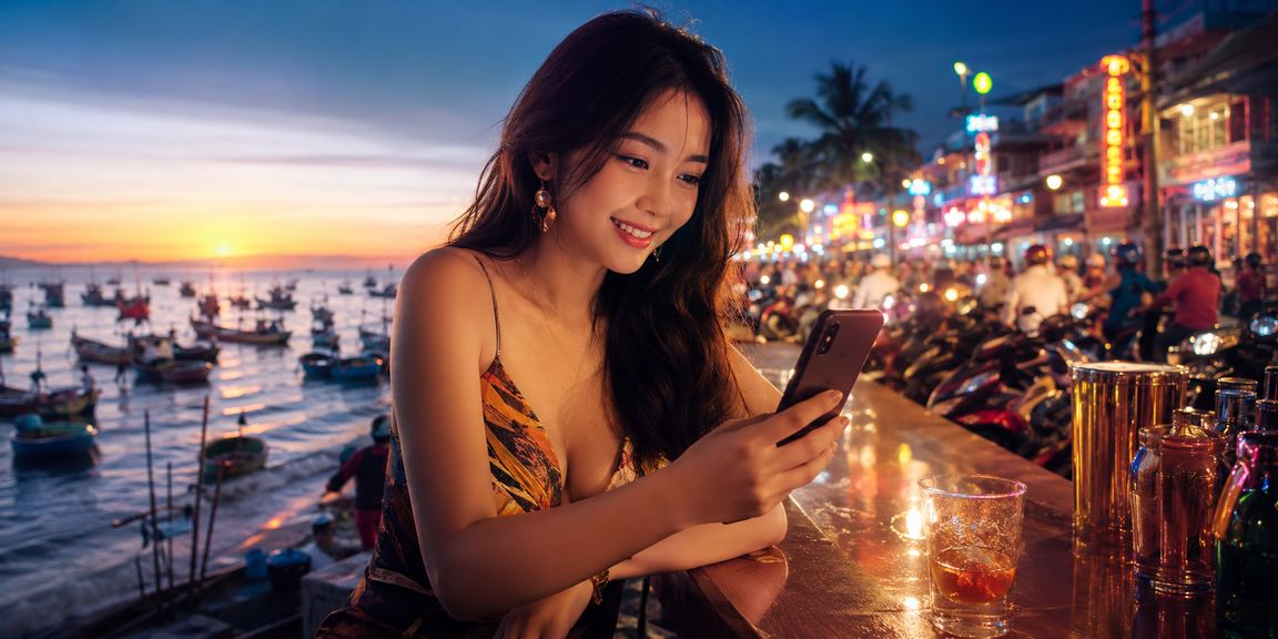 Người dùng tại Mũi Né trải nghiệm casino trực tuyến trên điện thoại tại bãi biển buổi chiều